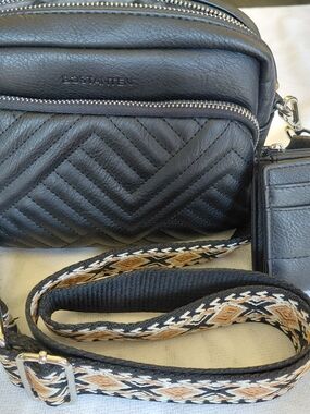 Bostanten Quilted Crossbody Bag With Wallet in Black with Patterned Strap